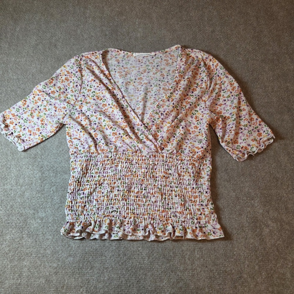 Caution to the Wind Floral Smocked Waist V-Neck Blouse Lettuce Edge Short Sleeve